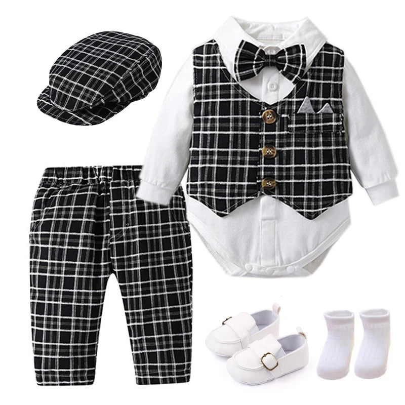 Costume bébé garçon 1er anniversaire – Gilet carreaux, body blanc, pantalon, chapeau, mariage