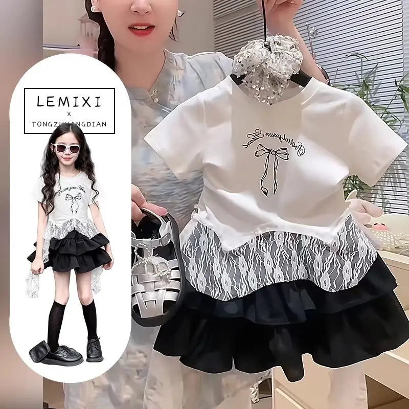 Ensemble été fille 2-10 ans : haut + jupe, costume princesse élégant, nouvelle collection  .