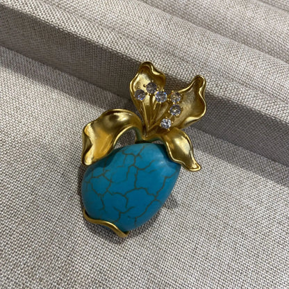 Collier vintage en cuivre turquoise pour femme – Broche en or et fleur tridimensionnelle