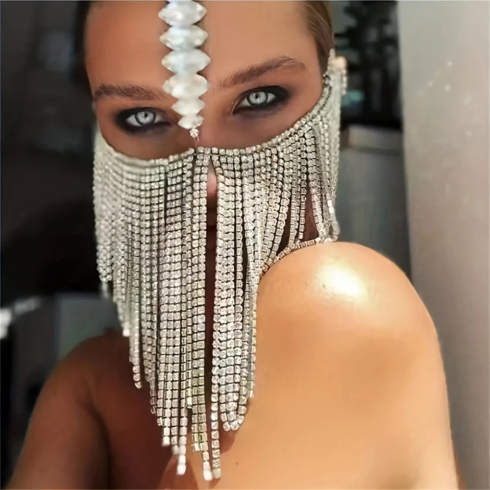 Masque facial complet strass – Noir luxueux, bijoux scintillants, pompon, fête, danse, bal masqué