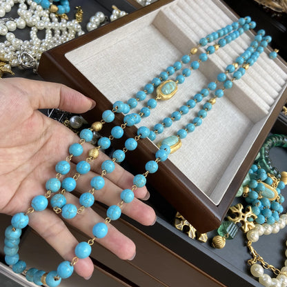 Collier vintage en cuivre turquoise pour femme – Broche en or et fleur tridimensionnelle