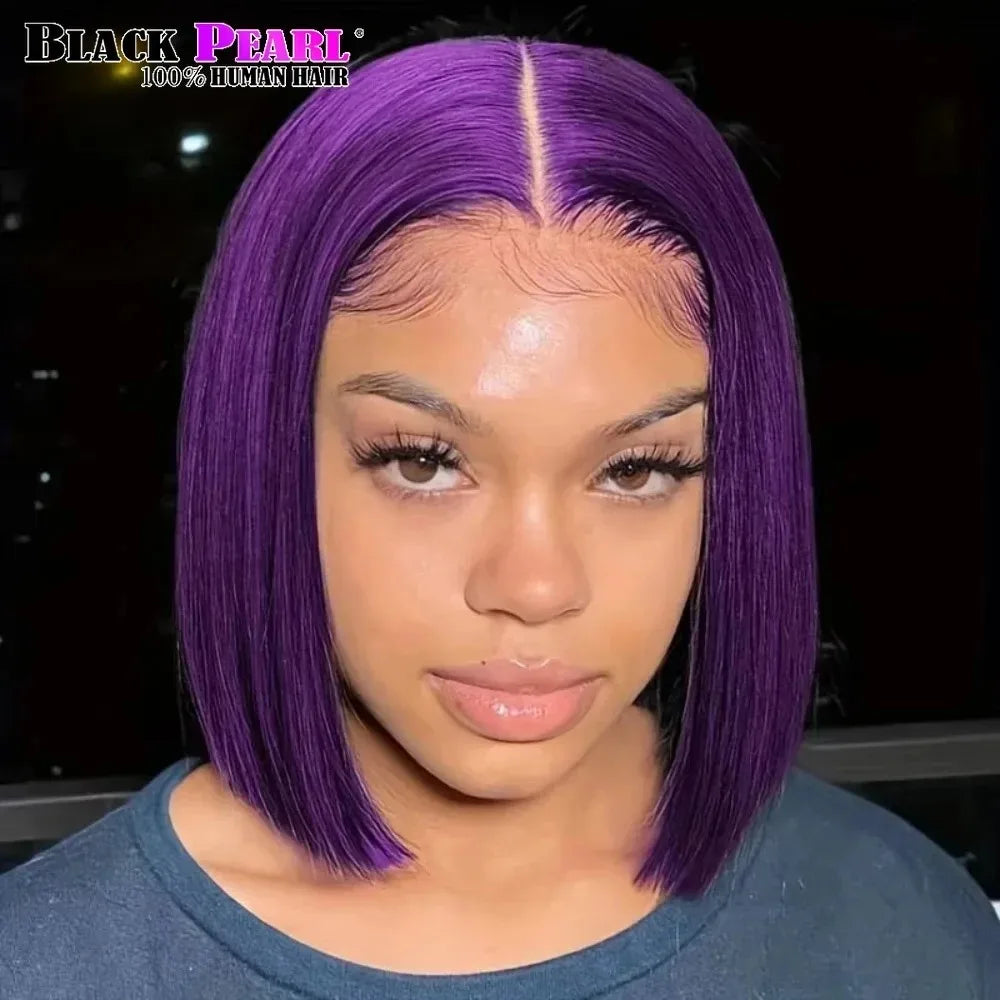 Perruque Bob violette pré-plumée – Dentelle en T, 100% cheveux humains, perruque brésilienne droite, avant en dentelle