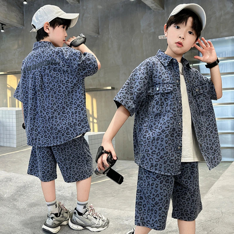 Ensemble été garçon 5‑14 ans – léopard, chemise + short denim