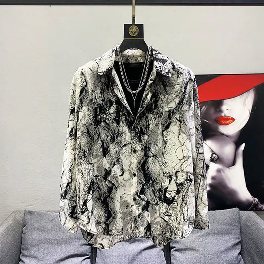 Chemise homme vintage col rabattu imprimé ample – Hauts printemps mode décontracté boutons manches longues