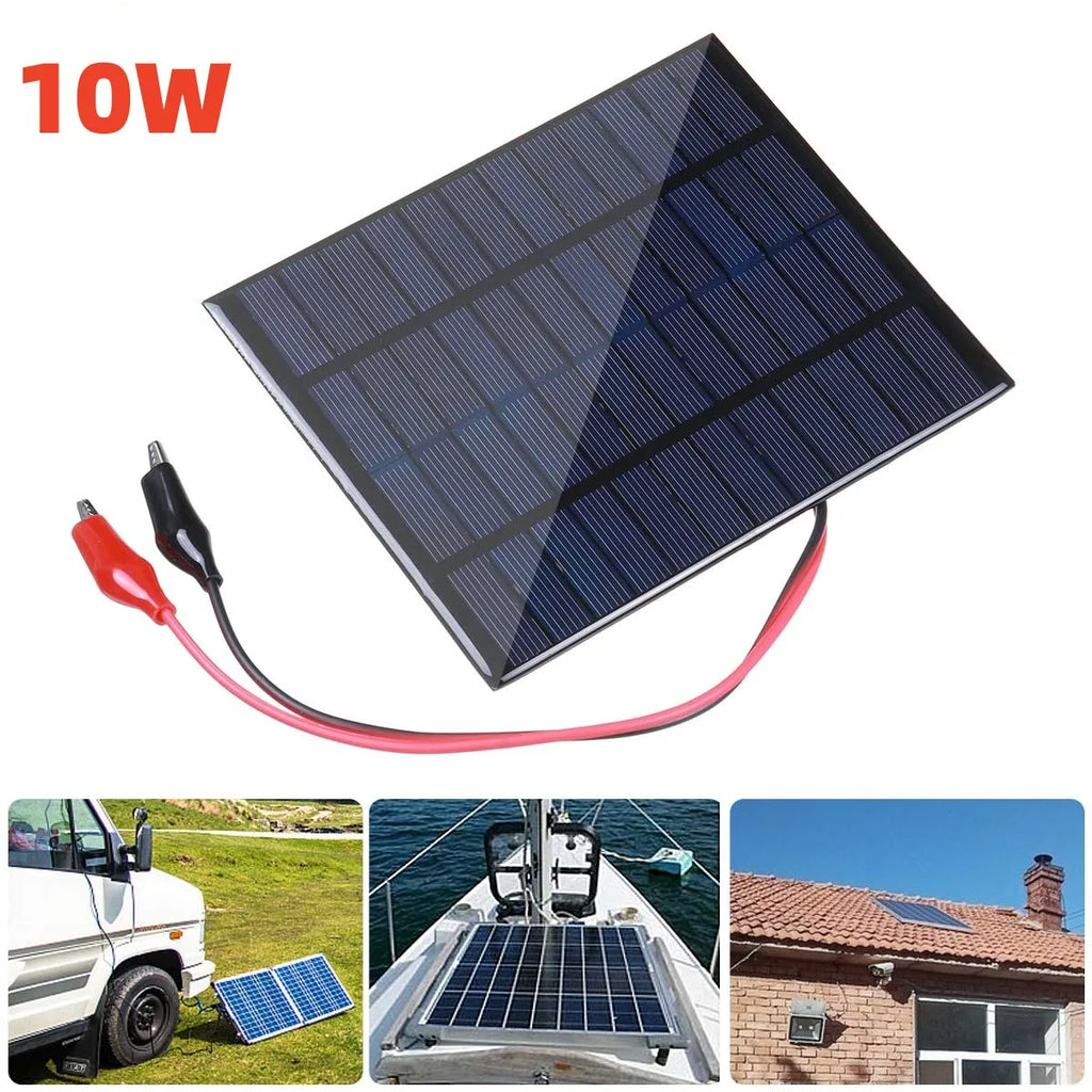 Panneau solaire portable en polysilicium, panneau de charge solaire bricolage extérieur avec clip pour charge de batterie 9-12V, 12V, 10W
