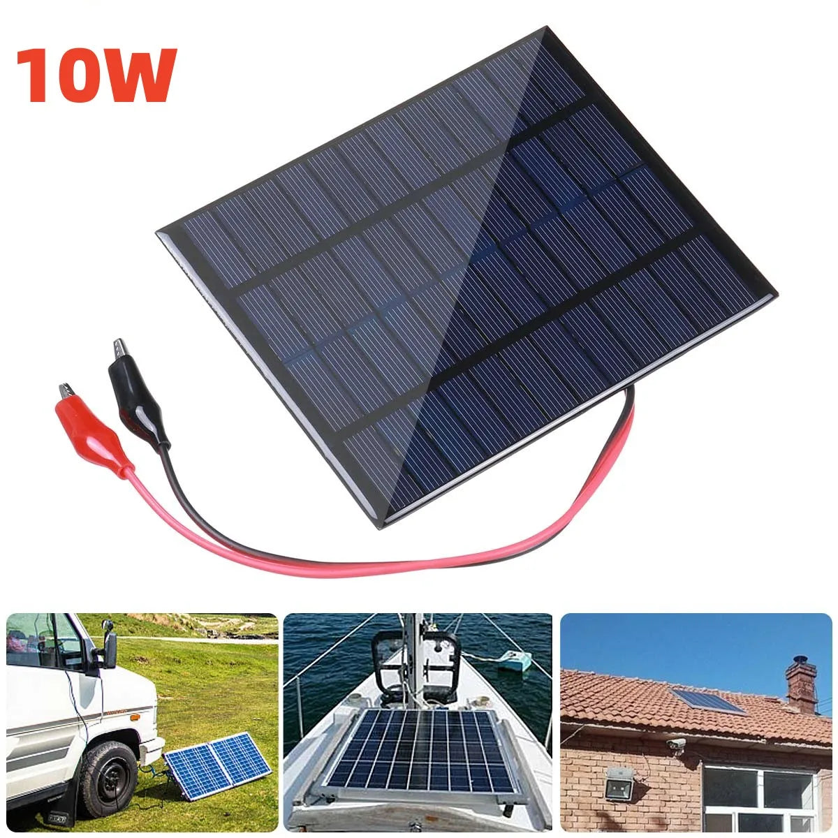 Panneau solaire portable en polysilicium, panneau de charge solaire bricolage extérieur avec clip pour charge de batterie 9-12V, 12V, 10W