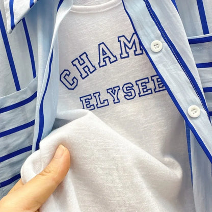 Ensemble été fille 3 pièces – chemise rayée, gilet lettres, short denim