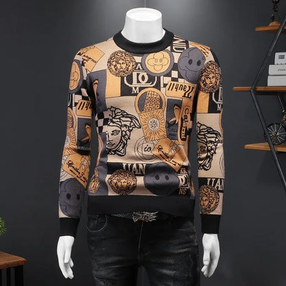 Pull Imprimé Homme Col Rond – Manches Longues, Rétro décontracté, Style Vintage, Haute Qualité, Automne Hiver