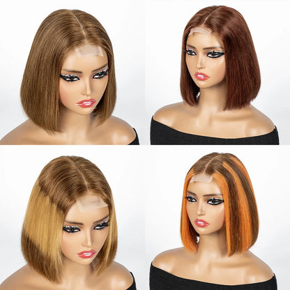 Perruque Bob courte droite colorée – cheveux humains 100%, dentelle 2x6 transparente, densité 250%