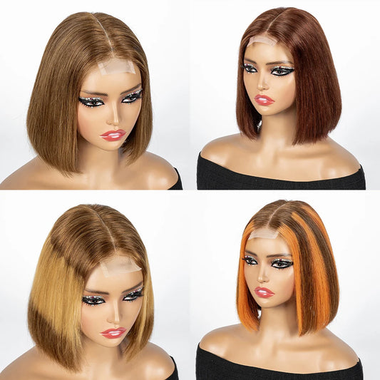 Perruque Bob courte droite colorée – cheveux humains 100%, dentelle 2x6 transparente, densité 250%