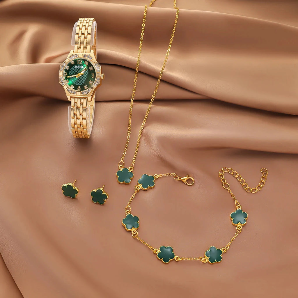 Montre quartz femme luxe – Cadran diamant, strass, ensemble bijoux 5 pièces, cadeau élégant