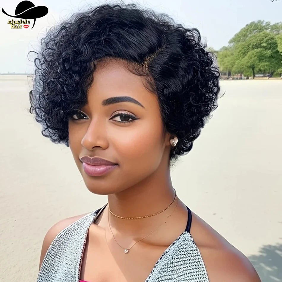 Perruque Femme 100% Cheveux Humains Indiens – Bouclés à l’Eau, Lace Front HD Transparente, Style Pixie Court, Couleur Naturelle Haute Qualité