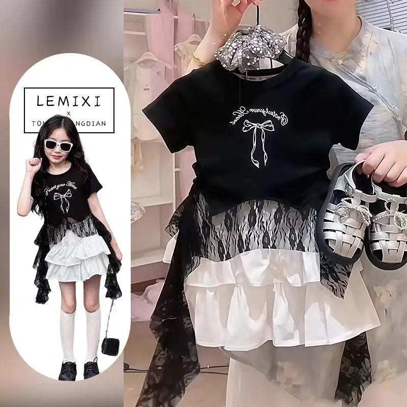 Ensemble été fille 2-10 ans : haut + jupe, costume princesse élégant, nouvelle collection  .