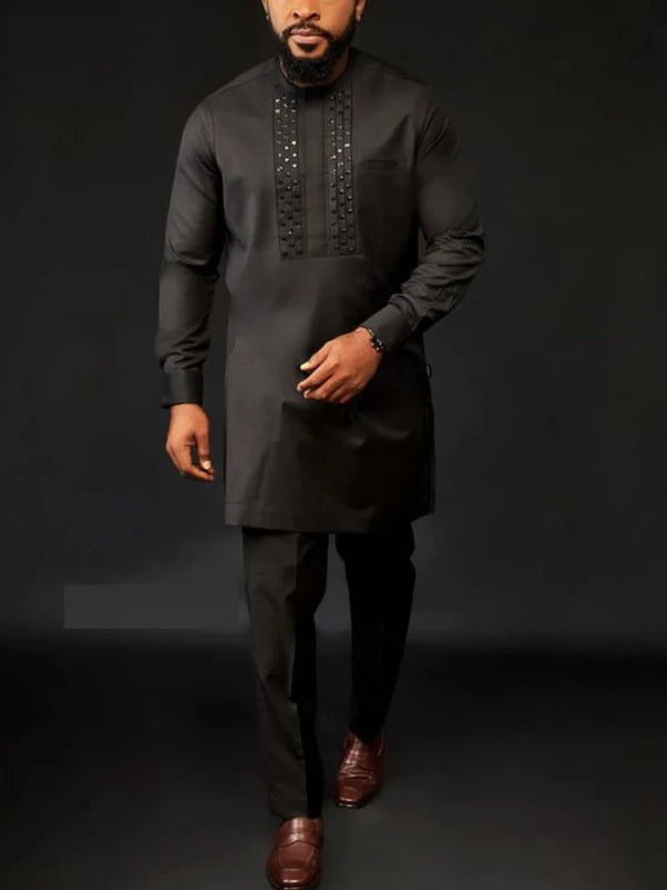 Ensemble africain homme de 2 pièces, chemise manches longues, pantalon, été .