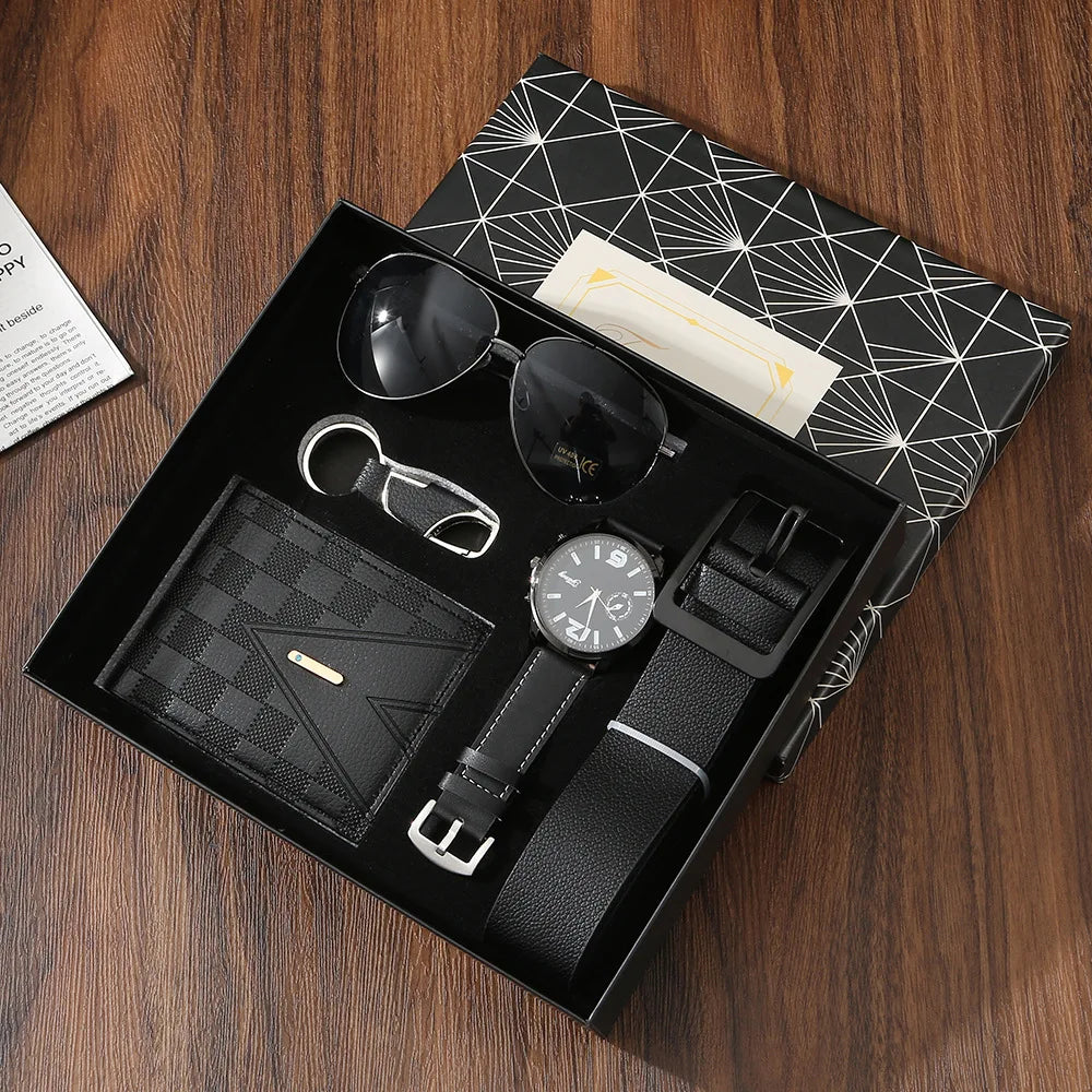 Coffret cadeau homme – Montre, portefeuille, ceinture, lunettes de soleil, porte-clés, fête des pères, petit ami ,saint valentin