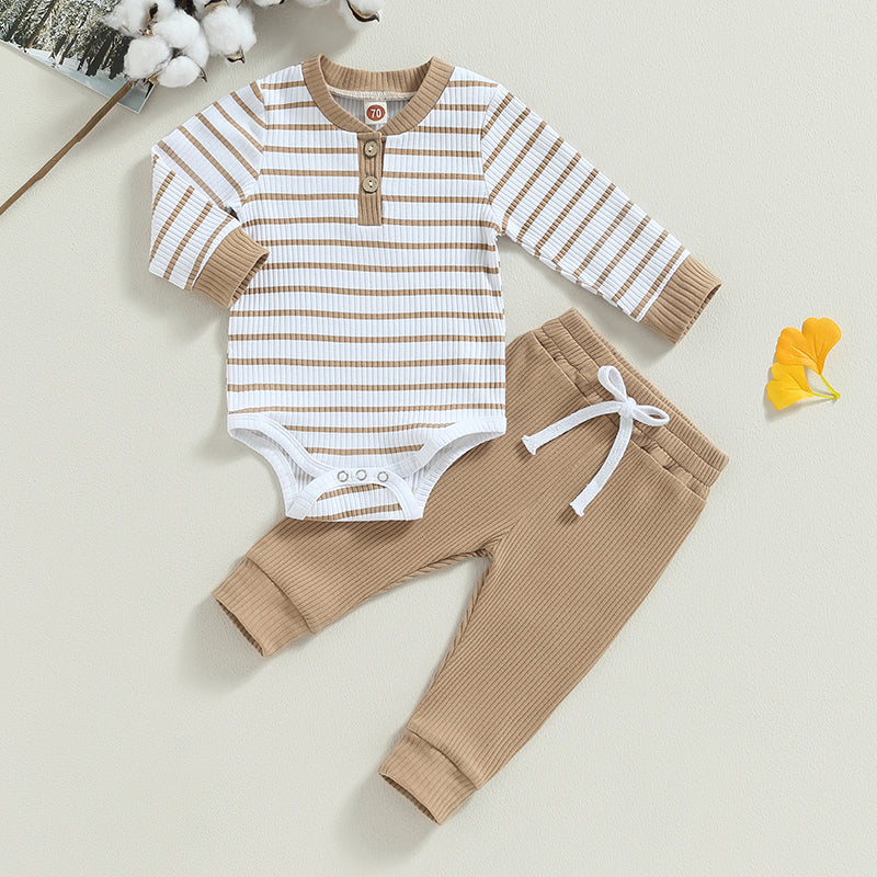 Ensemble bébé garçon automne – barboteuse rayée manches longues + pantalon