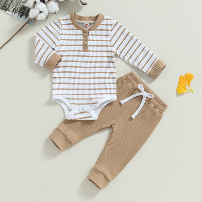 Ensemble bébé garçon automne – barboteuse rayée manches longues + pantalon