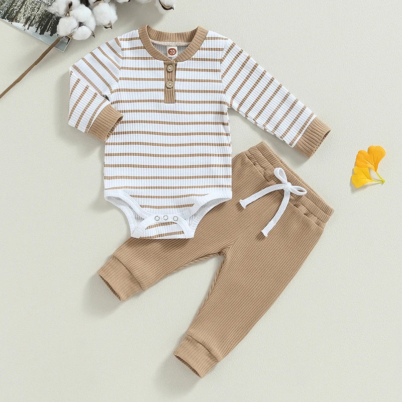 Ensemble bébé garçon automne – barboteuse rayée manches longues + pantalon