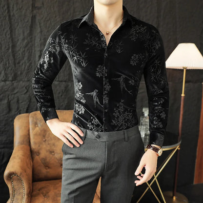 Chemise homme luxe en velours, slim, décontractée pour mariage, anniversaire .