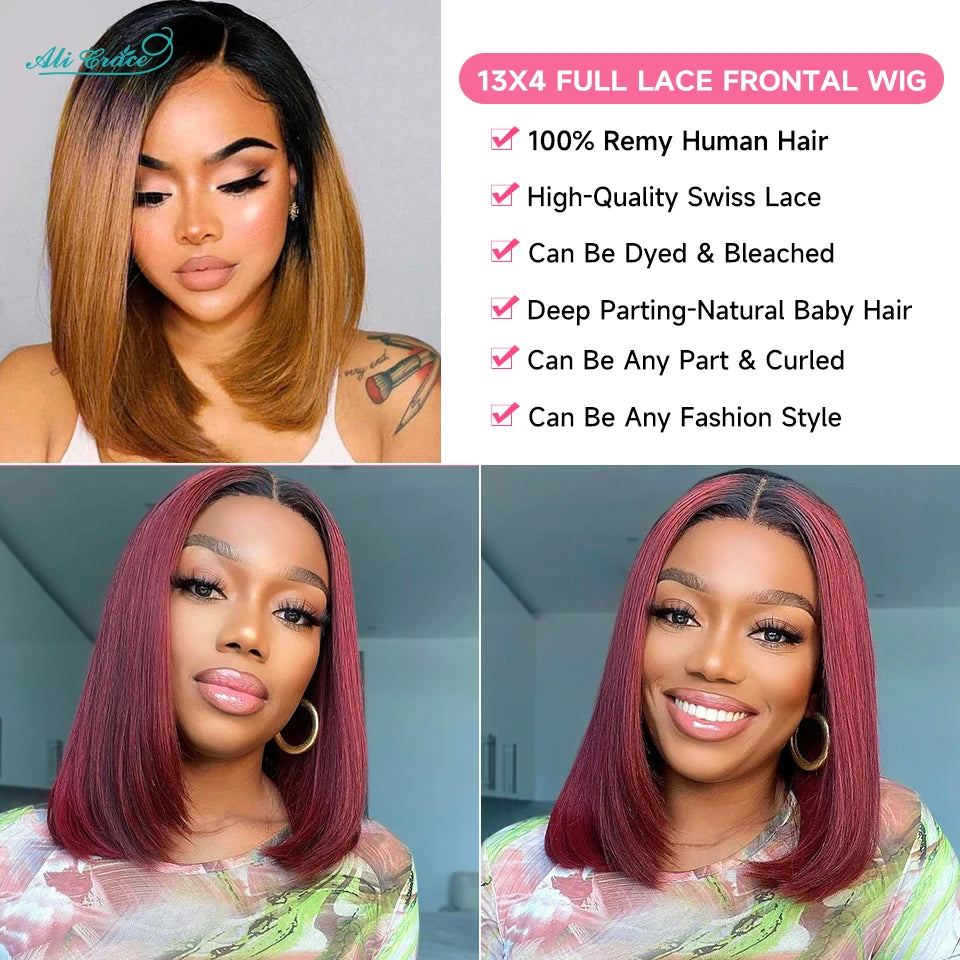 Ali Grace-Perruque Bob Lace Wig naturelle lisse ombrée, cheveux courts, 13 age, T1B/30, pre-plucked .