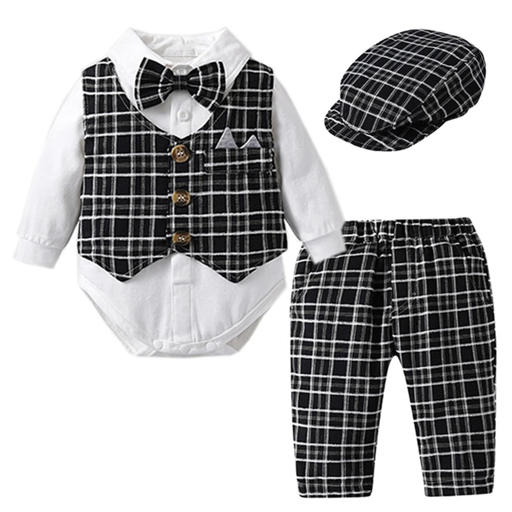 Costume bébé garçon 1er anniversaire – Gilet carreaux, body blanc, pantalon, chapeau, mariage