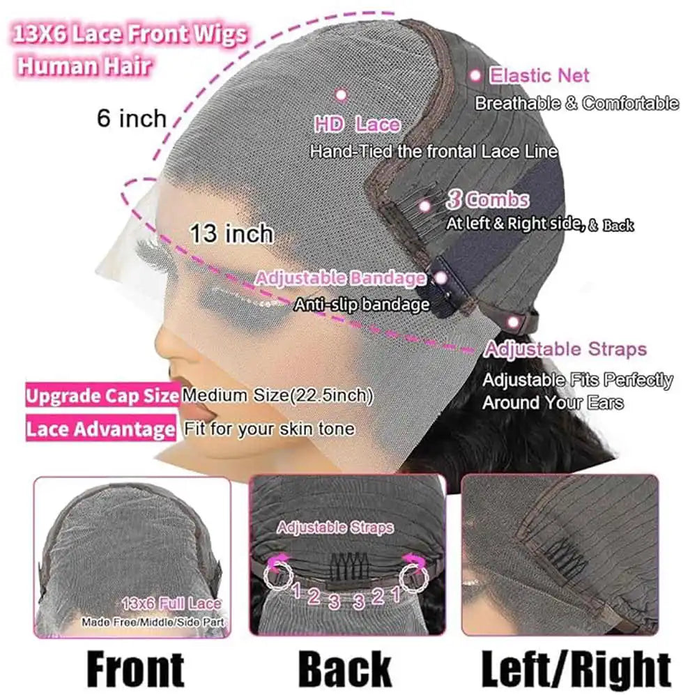 Perruque cheveux humains 30 pouces, dentelle avant 13x6, vague profonde, densité 200%, sans colle, frontale humide