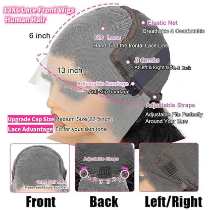 Perruque cheveux humains 30 pouces, dentelle avant 13x6, vague profonde, densité 200%, sans colle, frontale humide