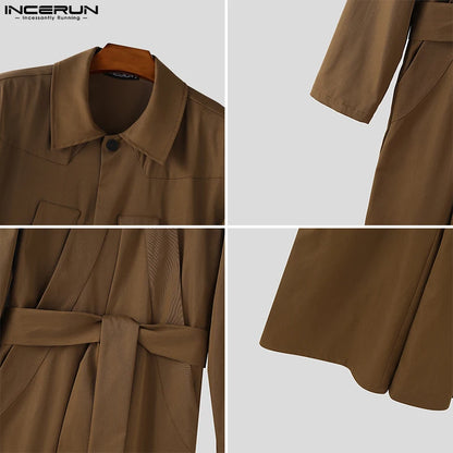 Salopette homme INCERUN  couleur unie à manches longues revers, jambe large – Combinaison ample streetwear décontracté S-5XL