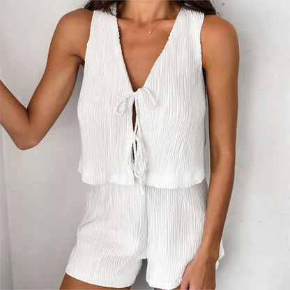 Ensemble Femme 2 Pièces – Gilet Sans Manches à Col V & Short Blanc Chic Printemps Été