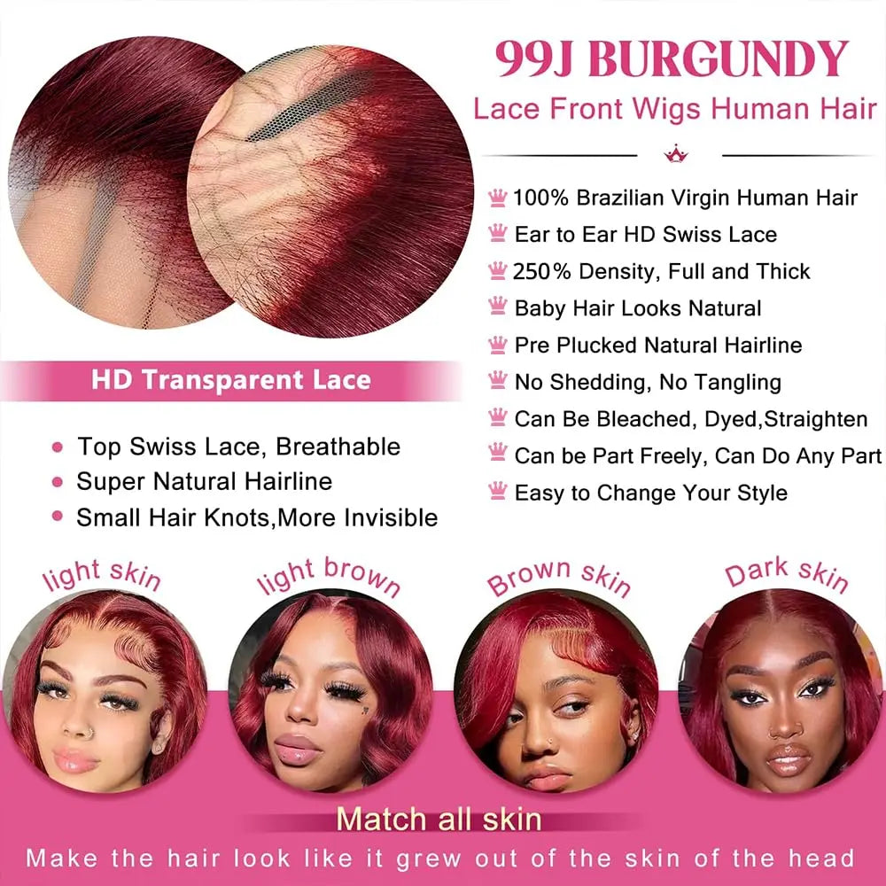 Perruque Body Wave 360 HD Cheveux Humains Bordeaux