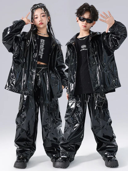 Costume Danse Jazz Garçon Filles, Pantalon Cuir Brillant Rouge, Streetwear Hip Hop Scène .