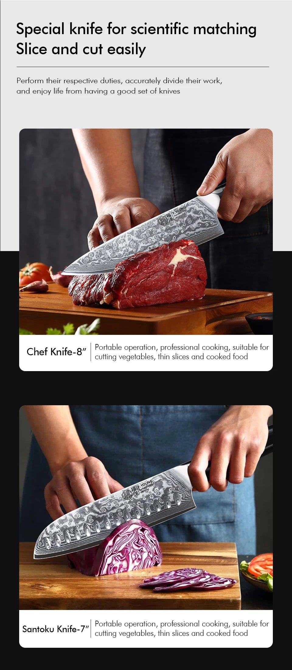 Couteau de cuisine professionnel F.YOUNG – acier Damas, chef japonais & sashimi