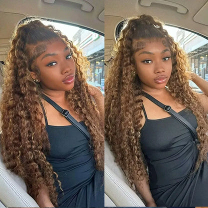 Perruque Lace Front Deep Wave blond miel, Full HD 250, densité 360, sans colle .