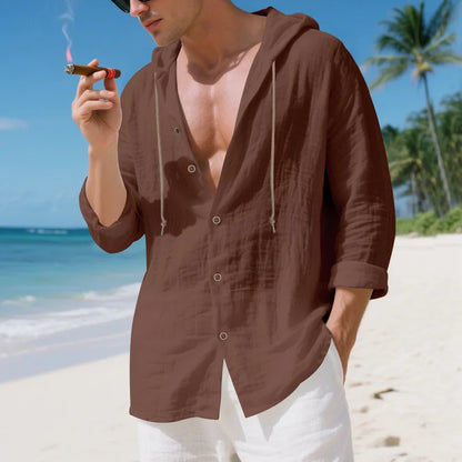 Chemise Homme Lin Ample – Manches Longues, Cardigan Capuche décontractée, Tendance Plage, Automne