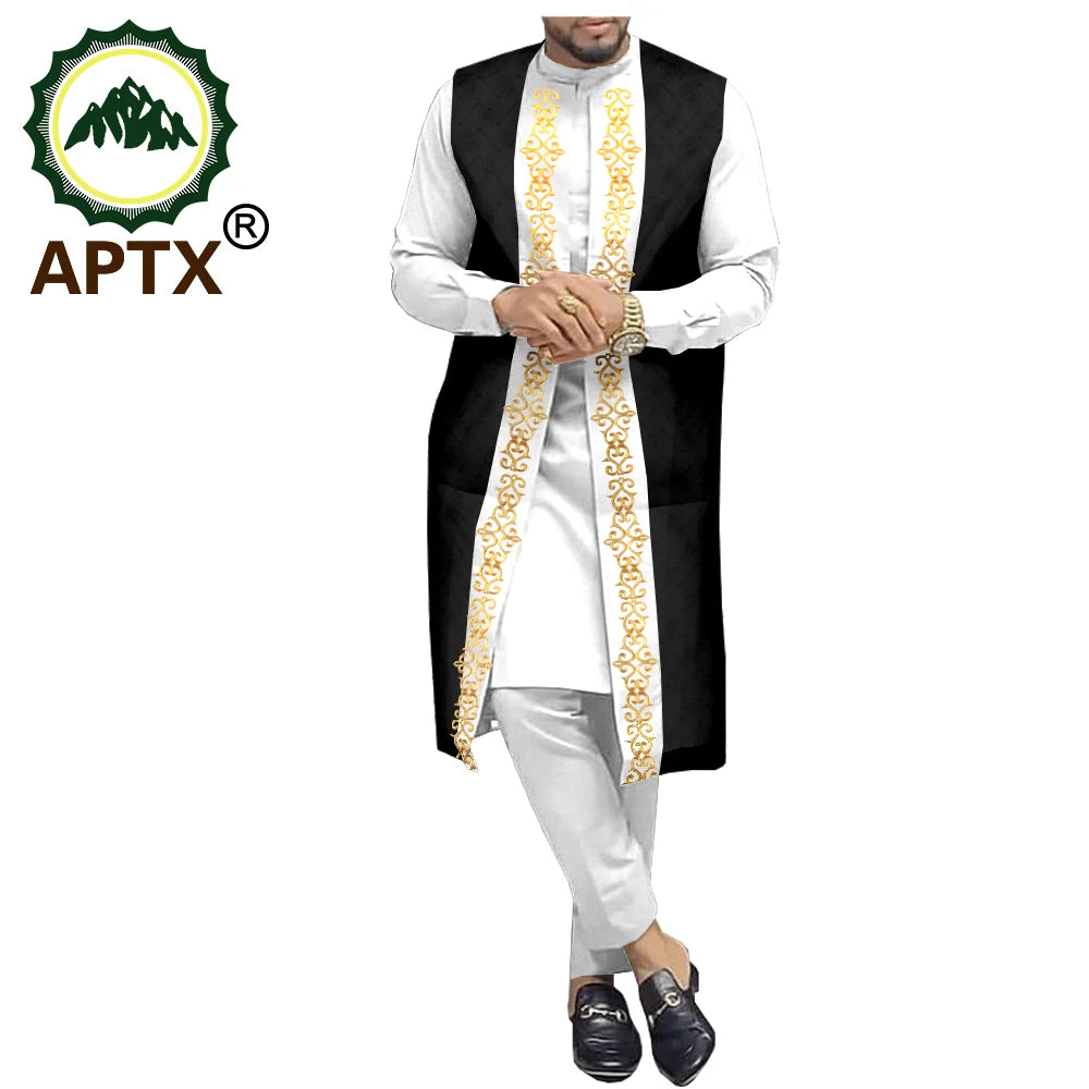 APTX Ensemble africain homme 3 pièces – Chemise et pantalon jacquard, tenue traditionnelle mariage et fête
