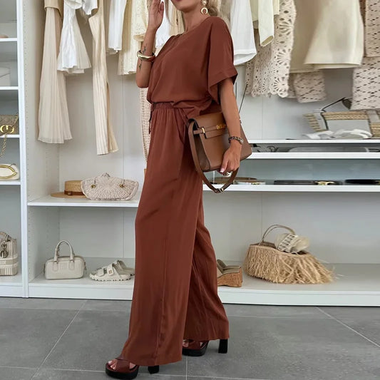 Ensemble Femme 2 Pièces Été – Col Rond à Lacets & Pantalon Décontracté, Couleur Unie Tendance