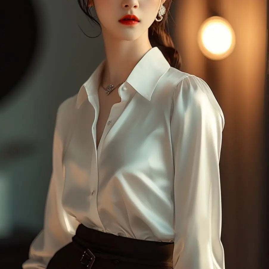 Chemise femme en satin – manches longues, vintage élégante, bureau & décontractée (été/automne)