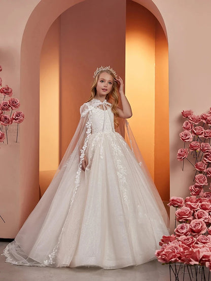 Robe demoiselle d'honneur tulle dentelle avec cape – mariage, communion, anniversaire, élégante princesse