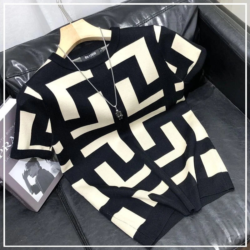 T-shirt Ice Inj à manches courtes, col rond, design haut de gamme avec imprimé géométrique, parfait pour un style casual estival, nouveau modèle