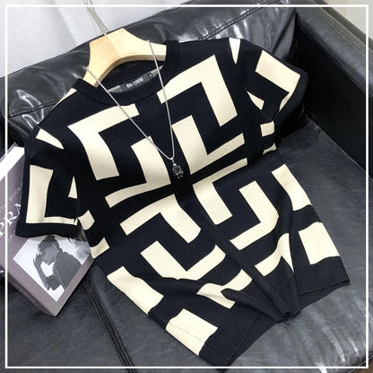 T-shirt Ice Inj à manches courtes, col rond, design haut de gamme avec imprimé géométrique, parfait pour un style casual estival, nouveau modèle