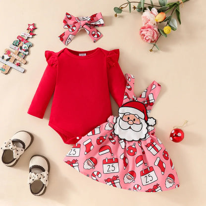 Ensemble Noël bébé fille 0‑18 mois – body imprimé, robe, bandeau