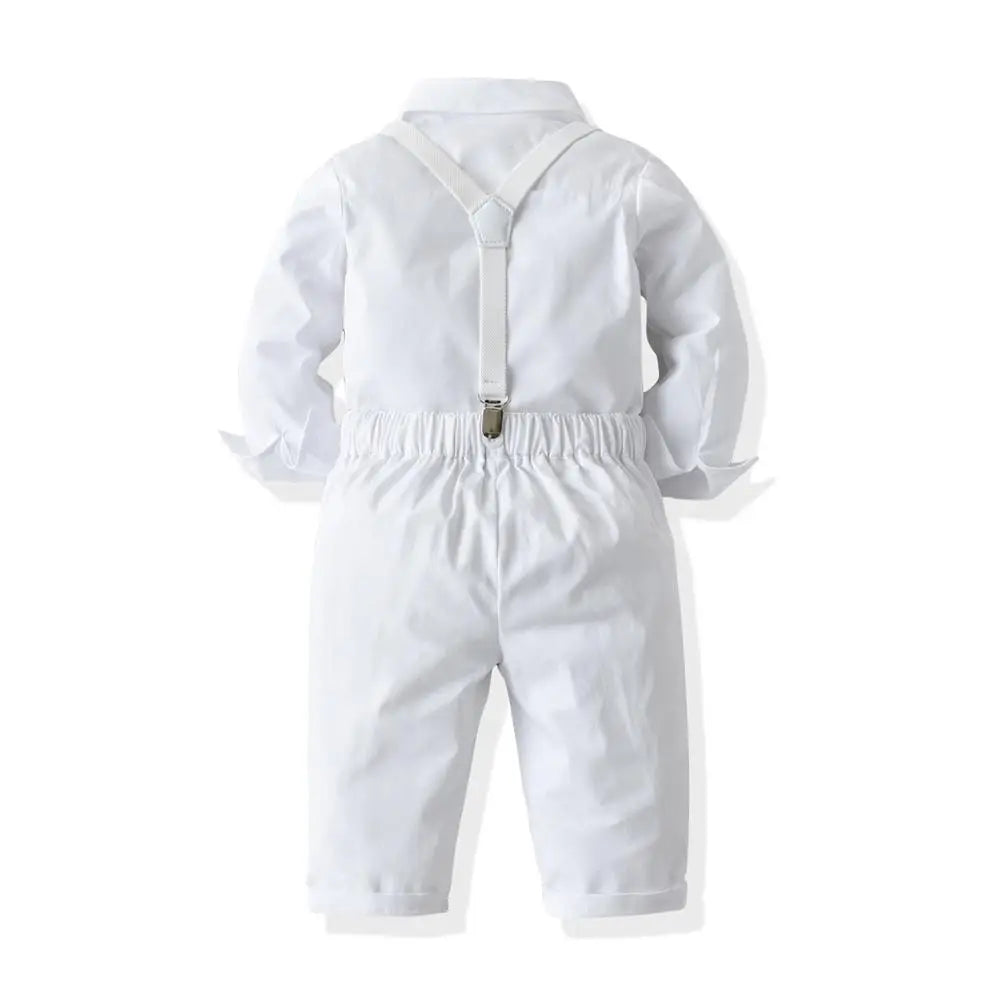 Costume blanc garçon – Baptême, mariage, chemise, pantalon à bretelles, 1-6 ans
