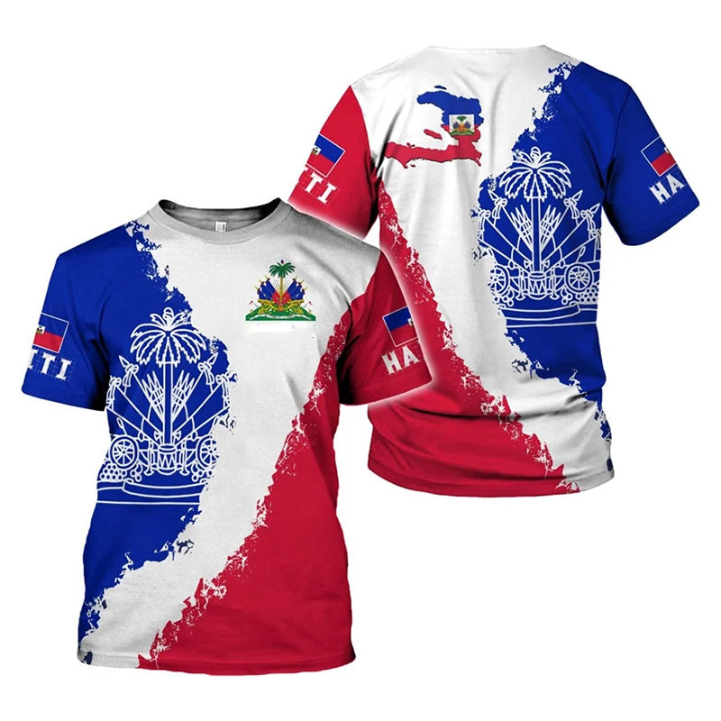 T-shirt streetwear unisexe – Imprimé rouge bleu, col rond, manches courtes