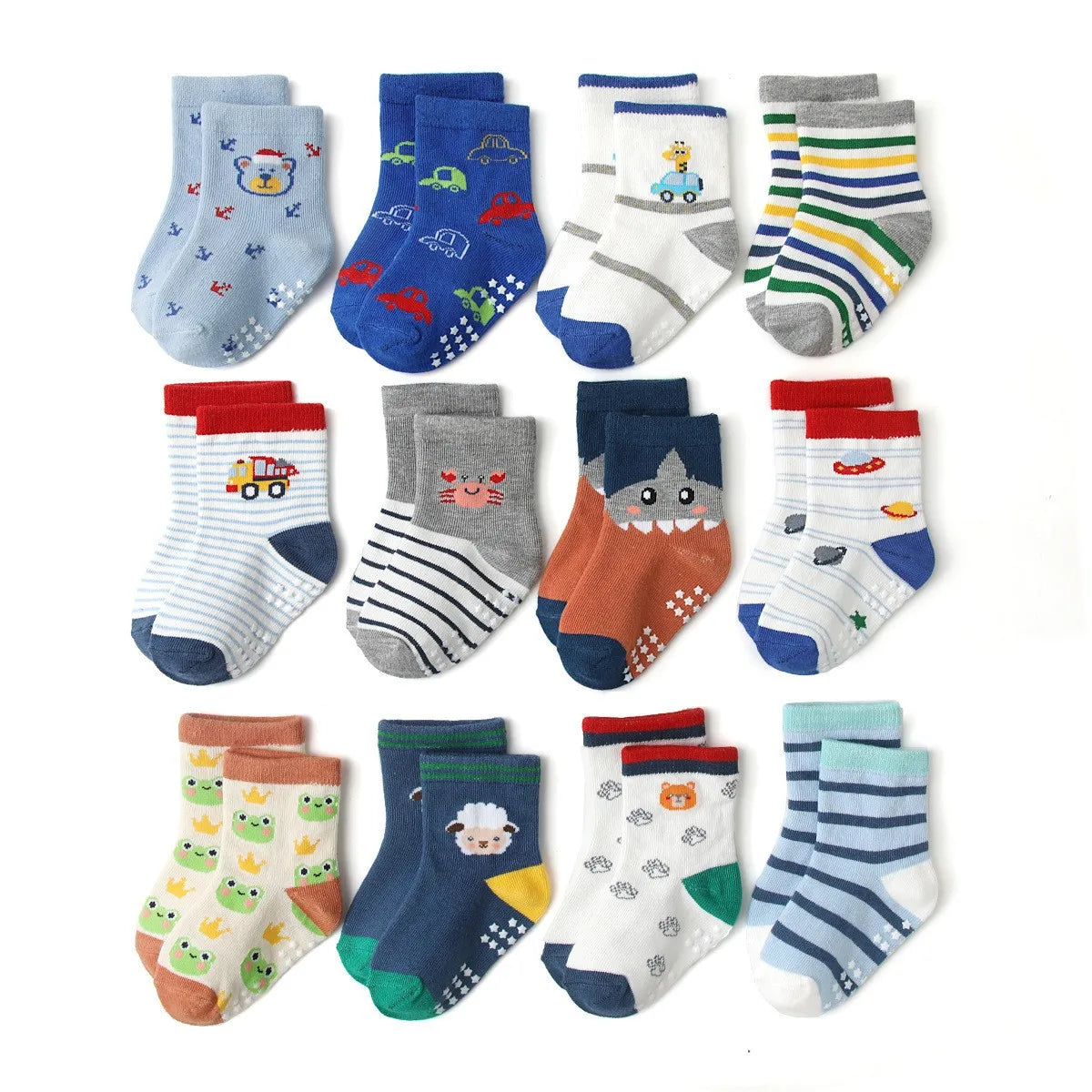 Chaussettes coton enfant/bébé – antidérapantes, respirantes, dessins animés (lot 1‑12 paires)