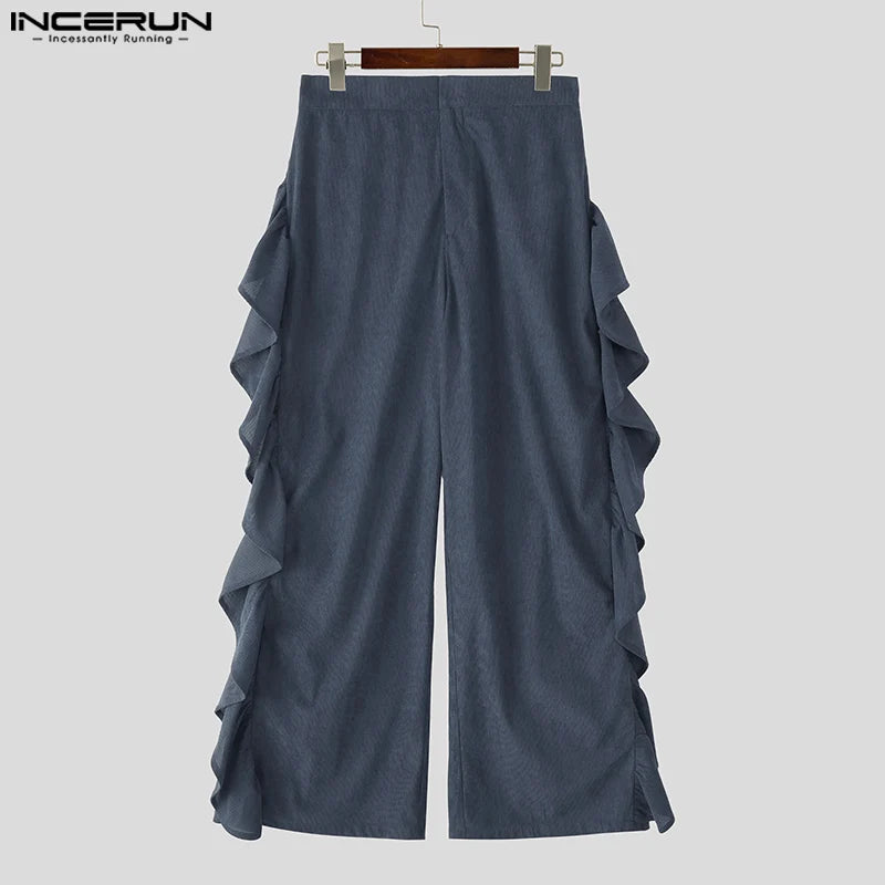 Pantalon homme INCERUN velours imprimé couleur unie à volants, taille élastique – Streetwear ample mode décontracté S-5XL