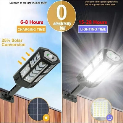Lampe solaire extérieure LED 9900lm étanche IP65, détecteur mouvement, 4 modes