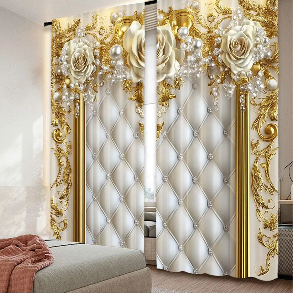 Rideaux fleurs dorées – Lot de 2, style européen élégant, décoration intérieure