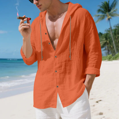 Chemise Homme Lin Ample – Manches Longues, Cardigan Capuche décontractée, Tendance Plage, Automne