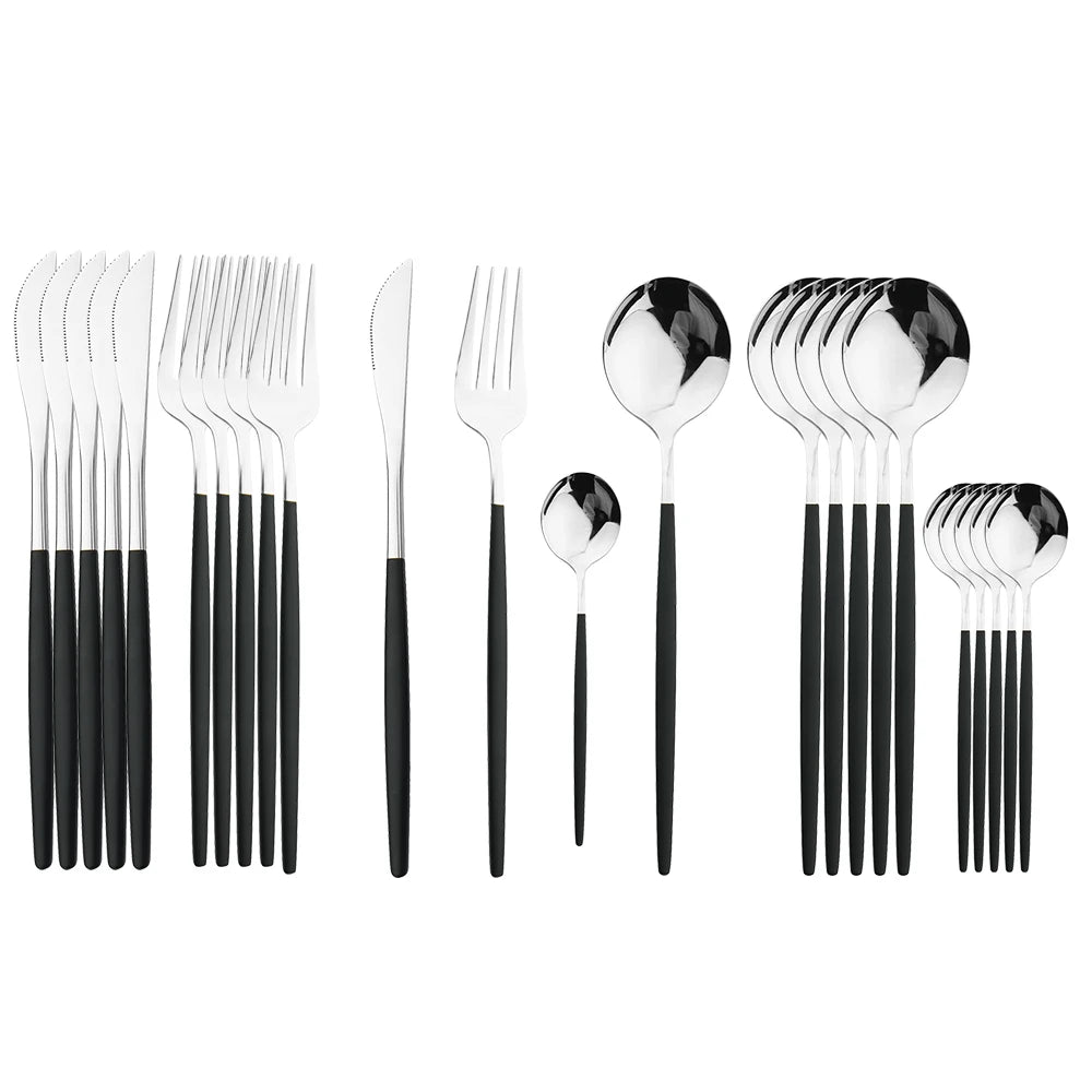 Ensemble de couverts 24 pièces en acier inoxydable, manches noir et doré, couteaux, fourchettes, cuillères, vaisselle cadeau cuisine