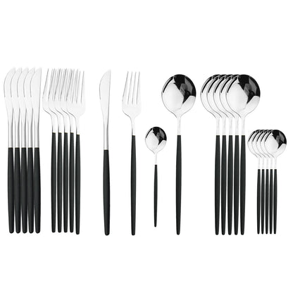 Ensemble de couverts 24 pièces en acier inoxydable, manches noir et doré, couteaux, fourchettes, cuillères, vaisselle cadeau cuisine
